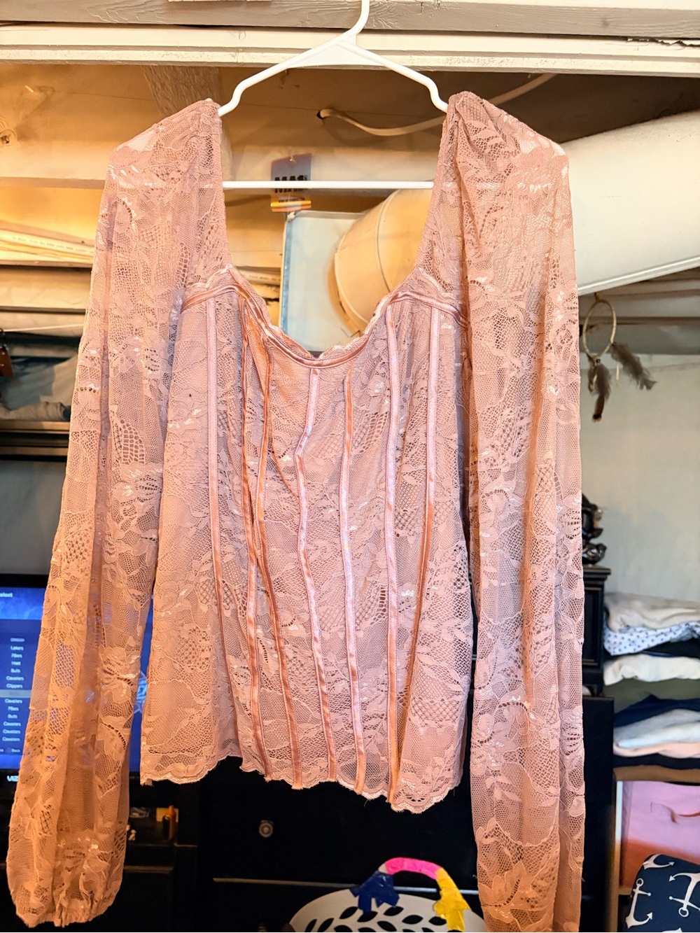 Women's Lace Long-Sleeve Corset Top - Blush Pink
